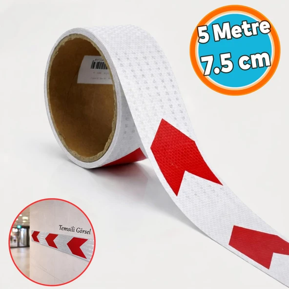 Kırmızı Beyaz Petekli Ok Yönlendirme Reflektörlü Reflektif Yapışkanlı 7.5 cm ( 5 Metre ) Şerit Bant ürün görseli 1