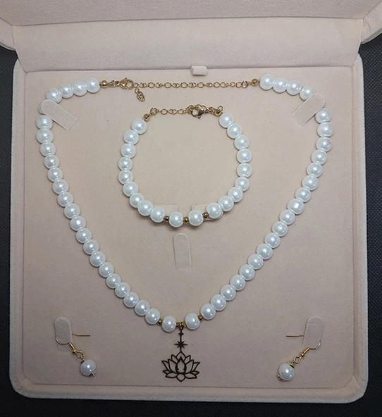 İnci Kolye Bileklik Küpe Set, Paslanmaz Çelik Lotus Çiçeği Altın Rengi ürün görseli 1