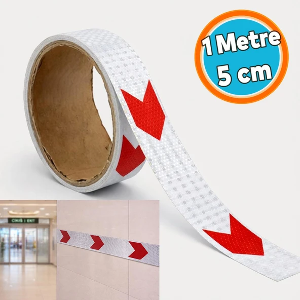 ( 1 Metre ) Kırmızı Beyaz Petekli Ok Yönlendirme Reflektörlü Reflektif Yapışkanlı En 5 cm Şerit Bant ürün görseli 1