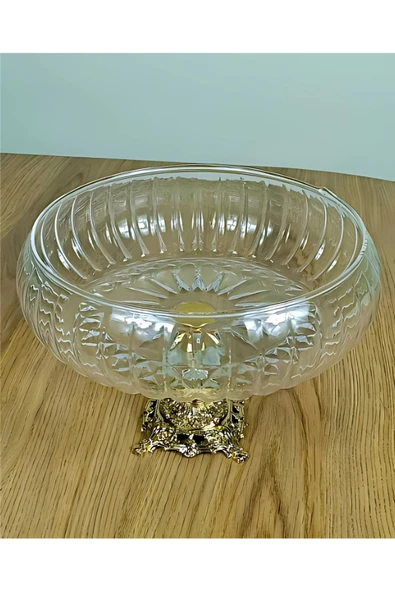 ASSA BAZAAR Lotus Kristal 24 cm Kesme Dekor Metal Ayaklı Salata Kasesi | Gold Cam Sunumluk & Servis Tabağı ürün görseli 1
