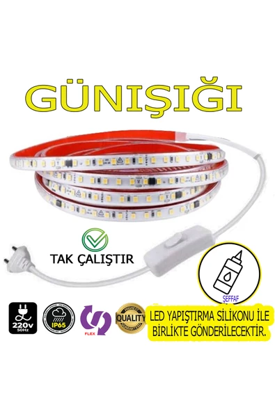 220V Şerit LED  YÜKSEK IŞIK FİŞLİ VE ANAHTARLI GÜNIŞIĞI 5 METRE ((ADAPTÖR TRAFO YOK TAK ÇALIŞTIR)) ürün görseli 1