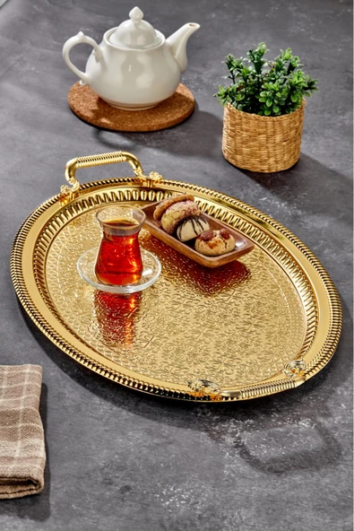 Cooker Metal Battal Boy Oval Gold Sunum Tepsisi 57x37 cm CKR3542 ürün görseli 1