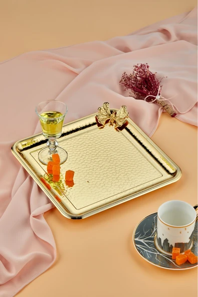 Cooker 25 Cm Kelebekli Metal Kare Gold Sunum Tepsisi CKR3175 ürün görseli 1