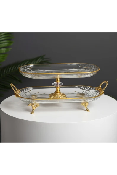 ASSA BAZAAR 2 Li Kristal Metal Ayaklı Yaldızlı Kare Pasta Sunumluk Kurabiyelik ürün görseli 1