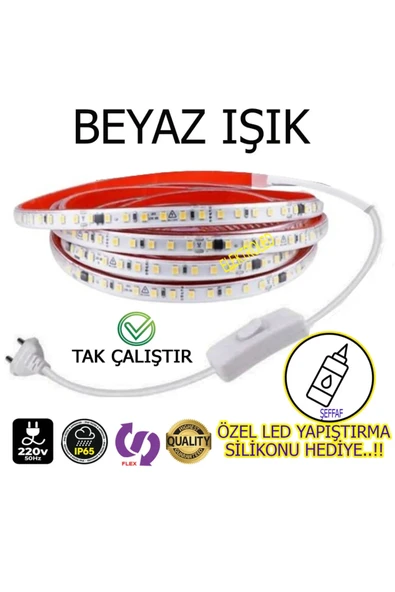 ERBAY 220V Şerit LED YÜKSEK IŞIK FİŞLİ VE ANAHTARLI BEYAZ IŞIK 2 METRE ((ADAPTÖR TRAFO YOK TAK ÇALIŞTIR)) ürün görseli 1