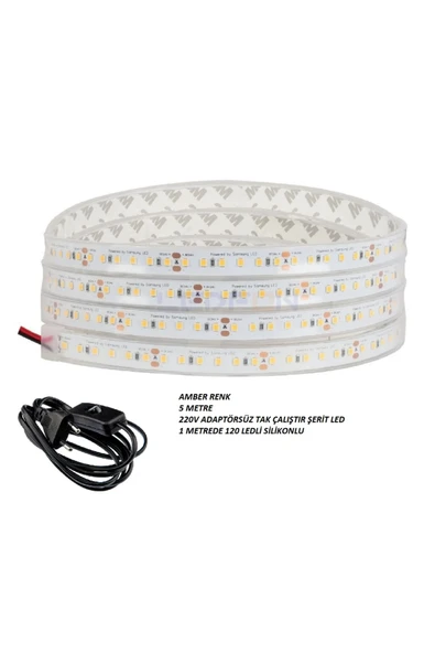 ERBAY 5 Metre Amber Renk 220v Şerit Led Tak Çalıştır 120 Ledli Silikonlu ürün görseli 1