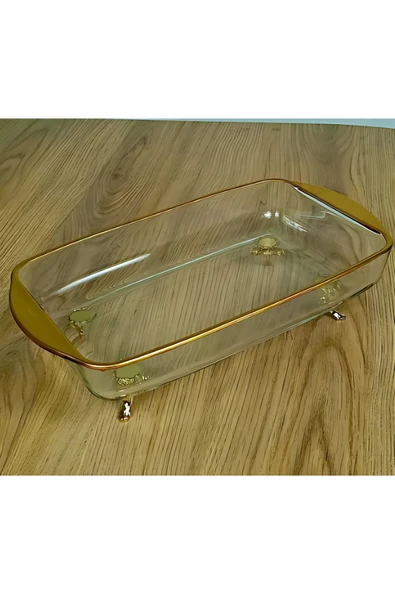ASSA BAZAAR Mini Altın Boyamalı Ayaklı Derin Borcam Sunum Tepsisi | Gold Metal Ayaklı Cam Tepsi ürün görseli 1