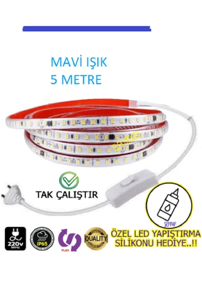 ERBAY 220V Şerit LED MAVİ IŞIK FİŞLİ VE ANAHTARLI 5 METRE ((ADAPTÖR TRAFO YOK TAK ÇALIŞTIR)) ürün görseli 1