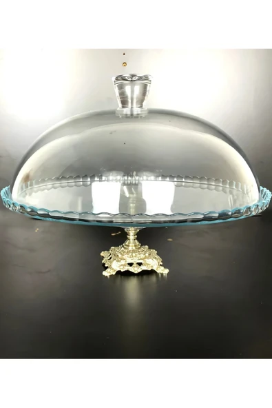 ASSA BAZAAR Gümüş Metal Ayaklı Cam Kapaklı Kek & Pasta Fanusu | Döküm Ayaklı Servis Standı ürün görseli 1