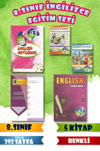 8. Sınıf İngilizce Eğitim Seti | 5 Kitap | 392 Sayfa | Renkli | Defter + Çalışma + Test + Hikaye - LGS ürün görseli 1