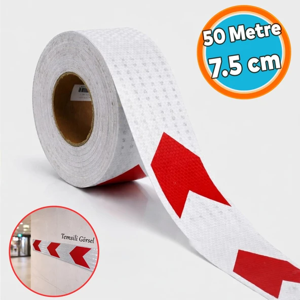 Kırmızı Beyaz Petekli Ok Yönlendirme Reflektörlü Reflektif Yapışkanlı 7.5 cm ( 50 Metre ) Şerit Bant ürün görseli 1