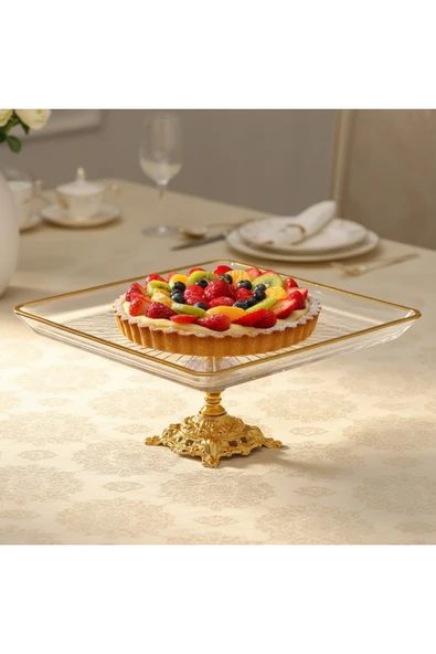 ASSA BAZAAR Kristal Metal Ayaklı Yaldızlı Kare Pasta Sunumluk ürün görseli 1