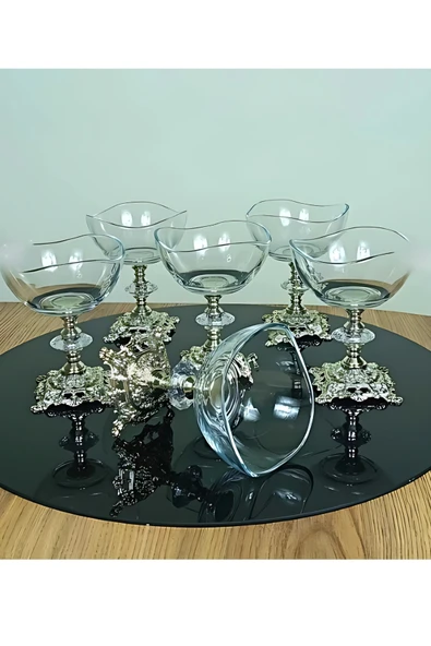 ASSA BAZAAR 6’lı Metal Ayaklı Gümüş Detaylı Magnolia Kase Seti | Dondurmalık – Şekerlik – Sunumluk ürün görseli 1