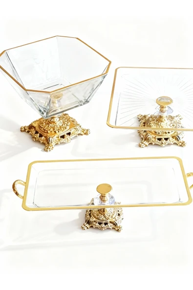 ASSA BAZAAR Gold 3 Parça Pasta & Kurabiyelik Sunum Seti ürün görseli 1
