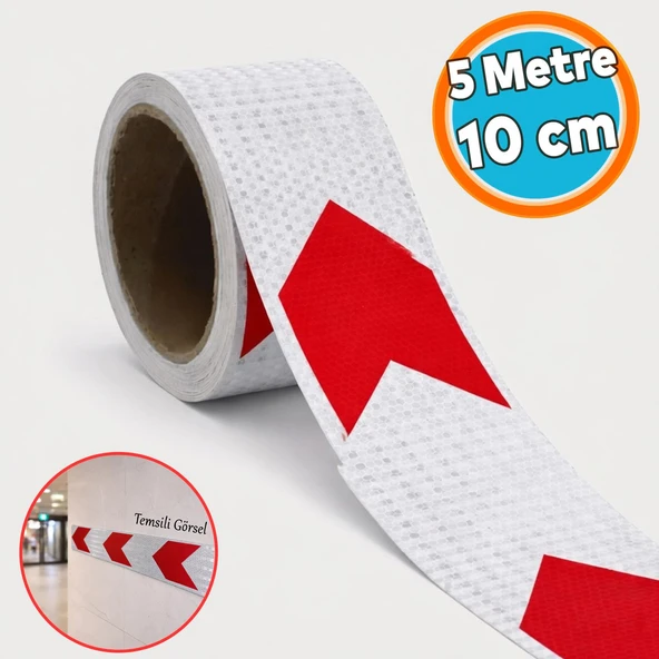 Kırmızı Beyaz Petekli Ok Yönlendirme Reflektörlü Reflektif Yapışkanlı En 10 cm (5 Metre) Şerit Bant ürün görseli 1