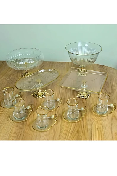 ASSA BAZAAR Gold Detaylı Metal Ayaklı Sunum ve Servis Seti | Pasta – Magnolia – Çay Sunumluk ürün görseli 1