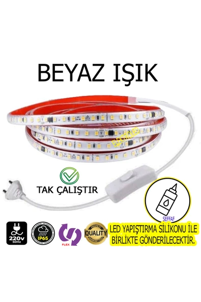 220V Şerit LED  YÜKSEK IŞIK FİŞLİ VE ANAHTARLI BEYAZ IŞIK 3 METRE ((ADAPTÖR TRAFO YOK TAK ÇALIŞTIR)) ürün görseli 1