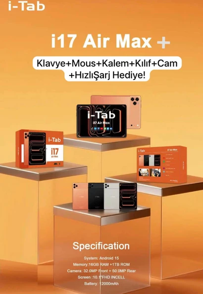İ-Tab İ17 AİR Max Full Set Tablet Klavye+Mouse+Kalem+Kılıf+Kırılmazcam+Hızlı Şarj Hepsi Bir Arada ürün görseli 1