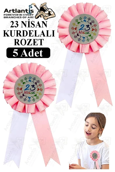 23 Nisan Kurdelalı Rozet 5 Adet Pembe Beyaz Yaka Rozeti Çocuk Bayram Etkinlik 15 cm Kokart ürün görseli 1