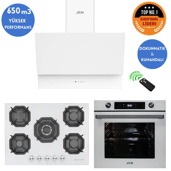 Eminçelik ve AFM TECH Markalı / REAN 5 Gözlü 1'WOK Beyaz Ankastre Set ( 22 386 + FM7701 + FM3401 ) ürün görseli 1
