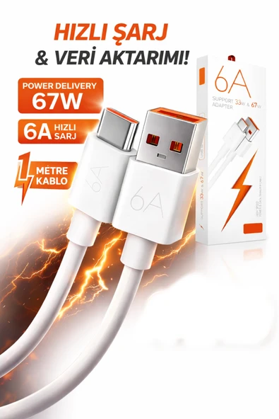 Hızlı Şarj Data Kablosu TYPE-C TO USB-A 67 Watt 6 Amper 1 Metre Hızlı Veri Aktarım Kablosu ürün görseli 1