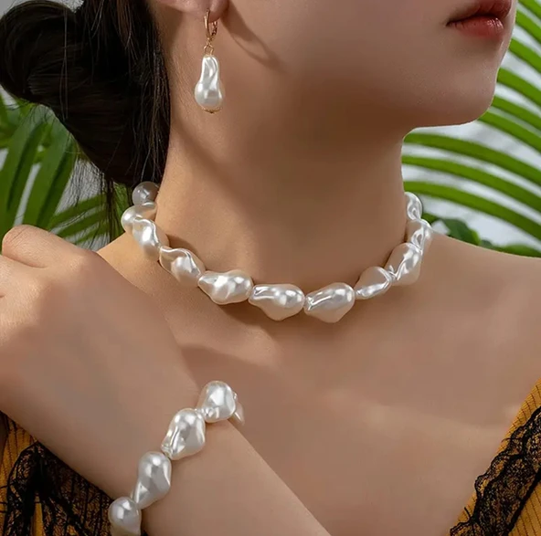 Şık Zarif Elegant Barok Inci Set Kolye Bileklik Küpe ürün görseli 1