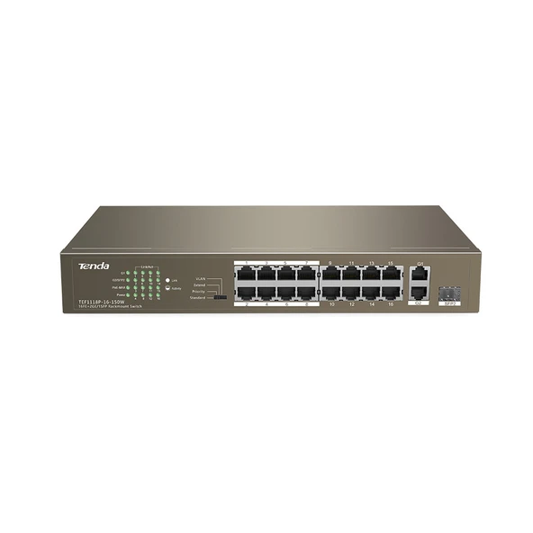Tenda TEF1118P-16-150W 10/100 16 Port PoE 2 Port Gigabit Uplink 1 Port SFP Yönetilemez 150W PoE Switch ürün görseli 1