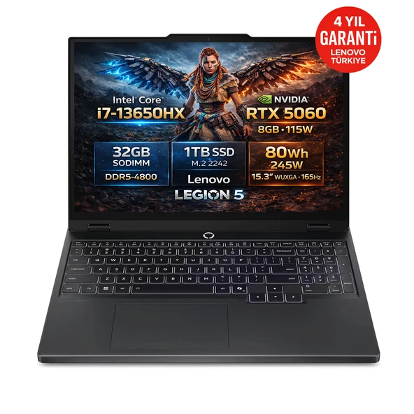 Legion 5 15IRX10 Intel Core i7-13650HX 32GB 1TB SSD RTX 5060 8GB 15.3" WUXGA IPS Freedos 83LY00PYTR ürün görseli 1