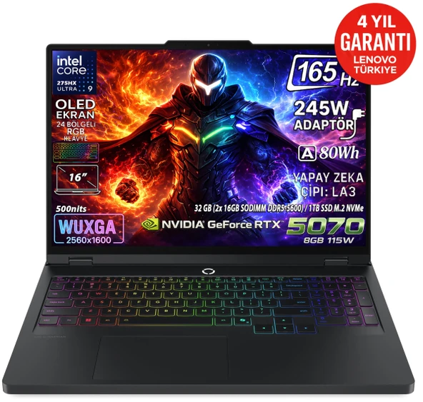 Legion Pro 5 16IAX10 Intel Core Ultra 9 275HX 32GB 1TB SSD RTX 5070 16" WQXGA OLED Fdos 83F3008BTR ürün görseli 1