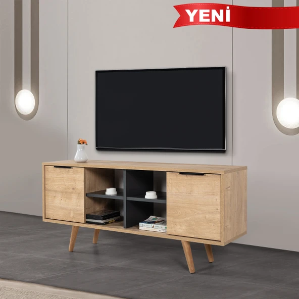 3319 Sina 130 Cm ( AHŞAP AYAKLI , METAL KULPLU ) TV Ünitesi , Safir - Antrasit , Tv Sehpası , Salon ürün görseli 1
