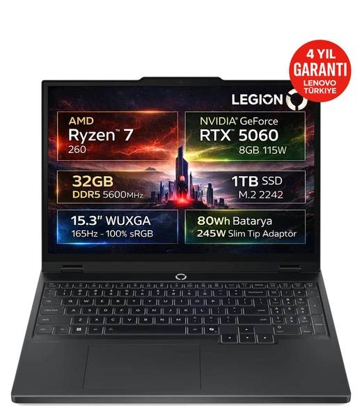 Legion 5 15AHP10 AMD Ryzen 7 260 32GB 1TB SSD RTX 5060 8GB 15.3" WUXGA IPS 165Hz Freedos 83M00064TR ürün görseli 1