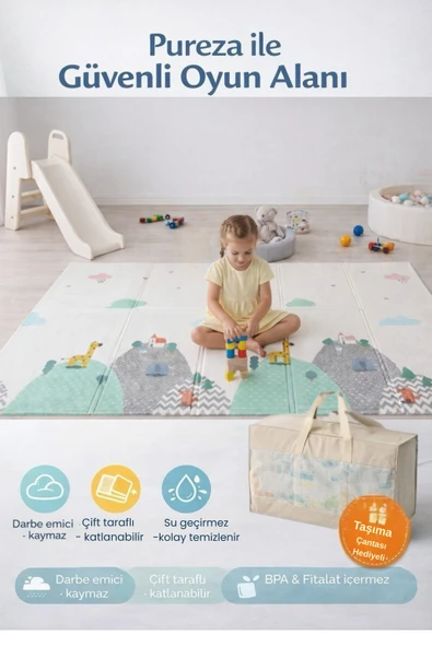 Pureza Çift Taraflı Katlanabilir Oyun Matı 200cmx130cmx1cm Kaymaz, Darbe Emici, Su Geçirmez, Bebek ve Çocuklar İçin Taşıma Çantası Hediyeli (Yerli Üretim) ürün görseli 1