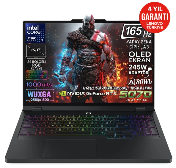 Legion 5 15IAX10 Intel Core Ultra 7 255HX 32GB 1TB SSD RTX 5070 8GB 15.1" WQXGA OLED Fdos 83F0008BTR ürün görseli 1