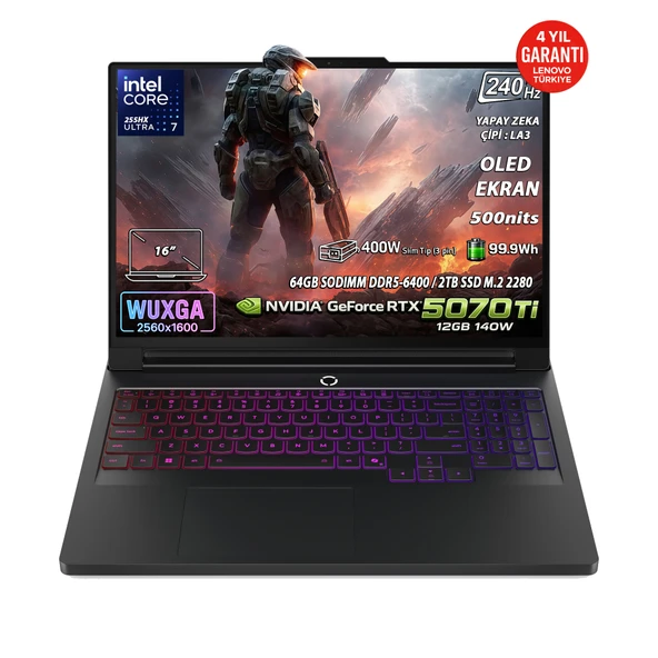 Legion Pro 7 Intel Core Ultra 7 255HX 64GB 2TB SSD RTX 5070 Ti 12GB 16" WQXGA OLED Fdos 83F500J8TR ürün görseli 1