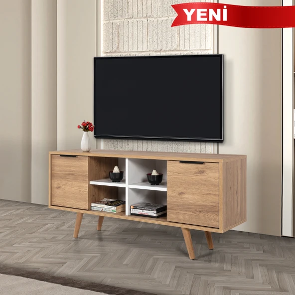 3321 Sina 130 Cm ( AHŞAP AYAKLI , METAL KULPLU ) TV Ünitesi , Sepet - Beyaz , Tv Sehpası , Salon ürün görseli 1