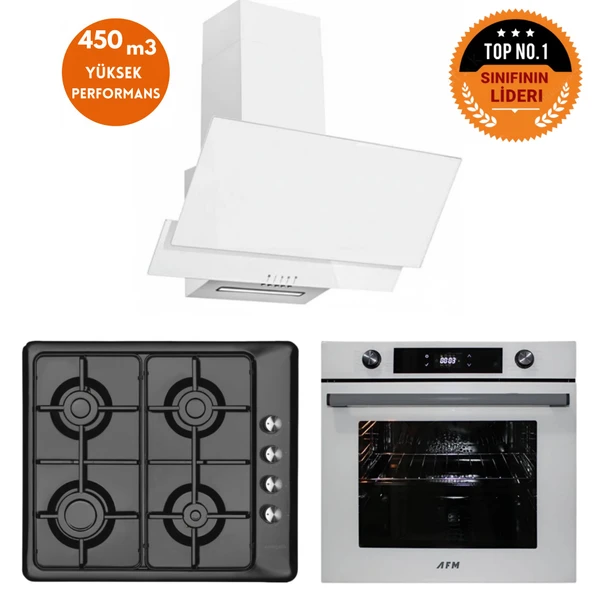 Eminçelik ve AFM TECH Markalı / SNOW Turbolu Emaye Ocak Ankastre Beyaz Set (31 222 + FM7701+FM3301) ürün görseli 1