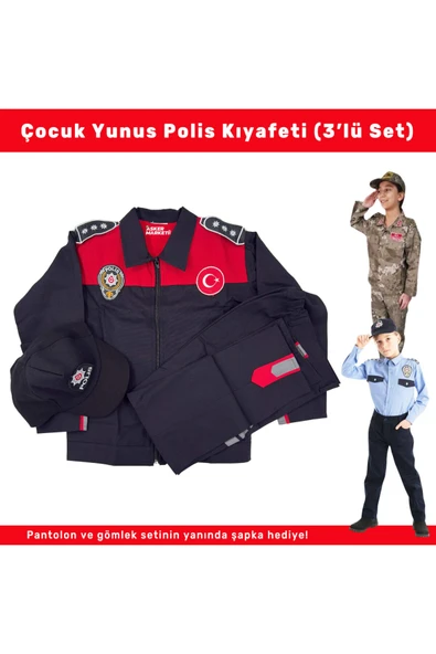 Yunus Polisi Çocuk Kıyafeti – 3’lü Pantolon Gömlek Şapka Seti ürün görseli 1