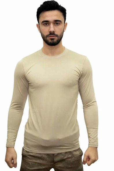 Bej Askeri Termal Microfiber Uzun Kol Tişört- Mikrofiber Spor Tişörtü ürün görseli 1