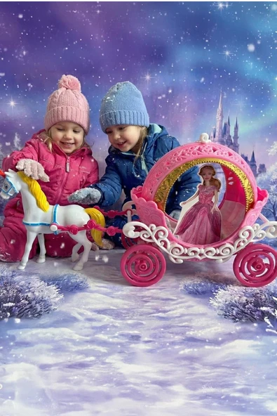 Prenses Oyuncak At Arabası Seti - Taçlı, Altın Detaylı, 25 cm Uzunluk - Pembe/Beyaz ürün görseli 1