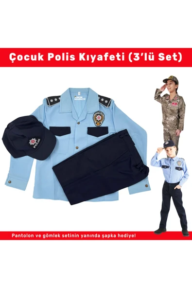 Mavi Çocuk Polis Kıyafeti – 3’lü Pantolon Gömlek Şapka Seti ürün görseli 1