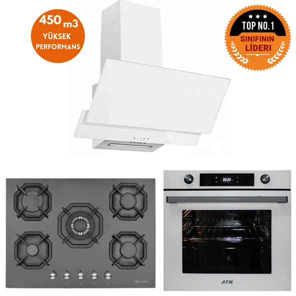 Eminçelik ve AFM TECH Markalı /ALVA 5 Gözlü 1'WOK Beyaz-Siyah Ankastre Set (22 385 + FM7701+FM3301) ürün görseli 1