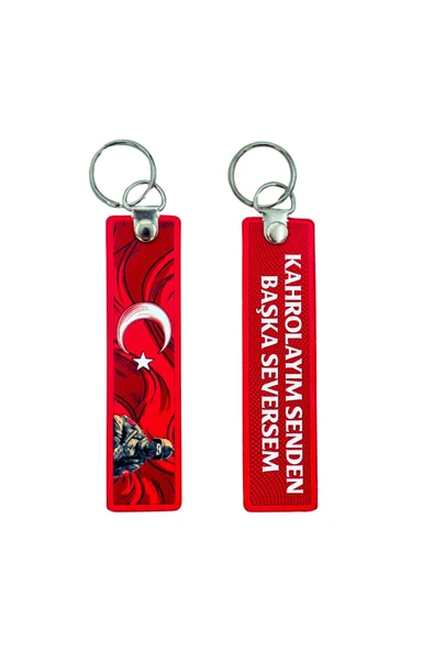 "Kahrolayım Senden Başka Seversem" TÜRK ASKER BAYRAK Çift Taraflı Anahtarlık 3D, (12 cm x 3 cm) ürün görseli 1