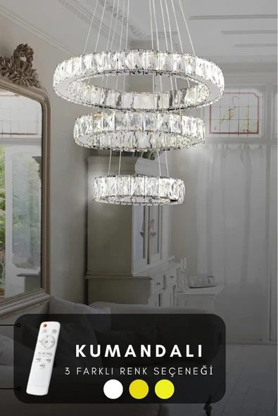 akyzlighting 3'lü Modern Sarkit Kri̇stal Taşli Led Avi̇ze 3 Renk Kumandali ( Beyaz - Sari - Günişiği ) ürün görseli 1