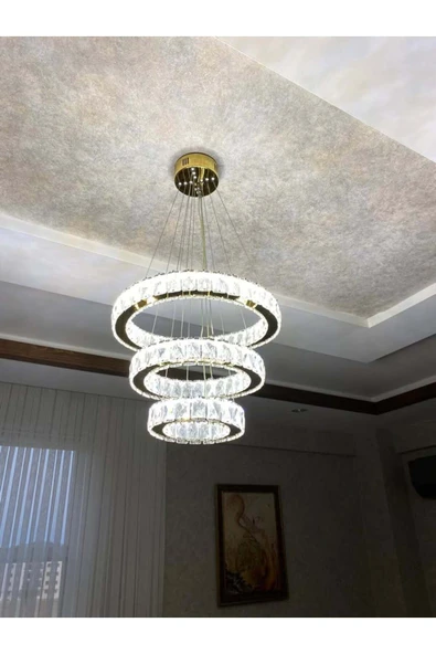 akyzlighting 3'LÜ MODERN SARKIT KRİSTAL TAŞLI LED AVİZE 3 RENK KUMANDALI ( BEYAZ - SARI - GÜNIŞIĞI ) ürün görseli 1