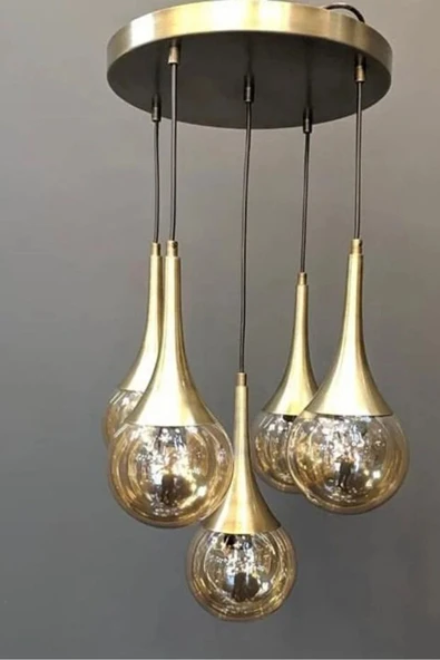 akyzlighting Büyük Huni Eskitme Kaplama 5li Glop Camlı Sarkıt Avize ürün görseli 1