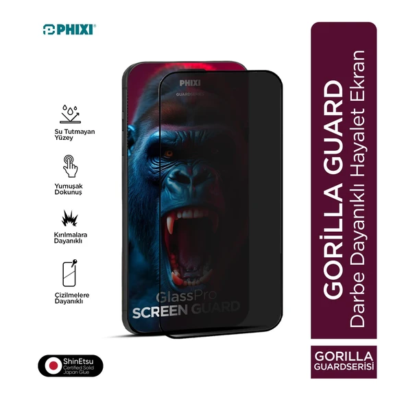 Phixi Hayalet Gorilla Guard iPhone 17 Kırılmaz Cam – HD Temperli, Tekrar Yapışabilir, Suyla Temizlenebilir, Anti-Statik, Süper Kavisli Ekran Koruyucu ürün görseli 1