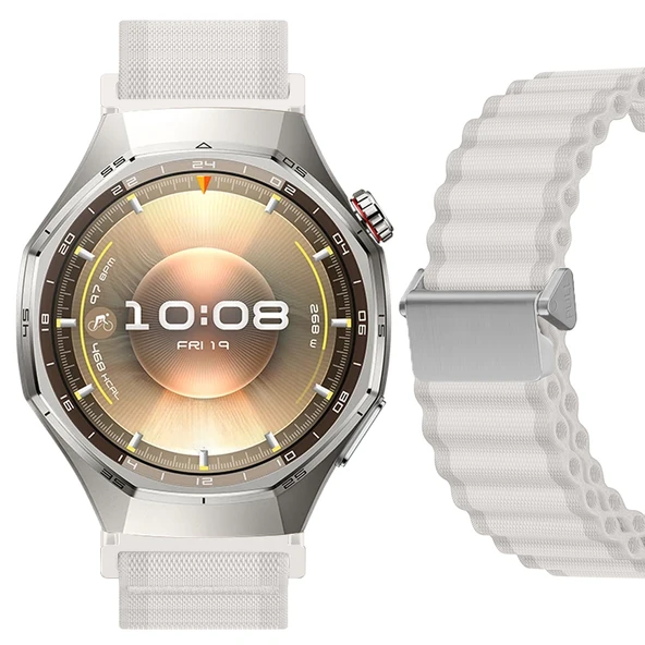 Sneezy Huawei Watch GT6 Pro 46mm İle Uyumlu AirFlow Dalgalı Naylon Spor Kordon Metal Tokalı  Bej ürün görseli 1