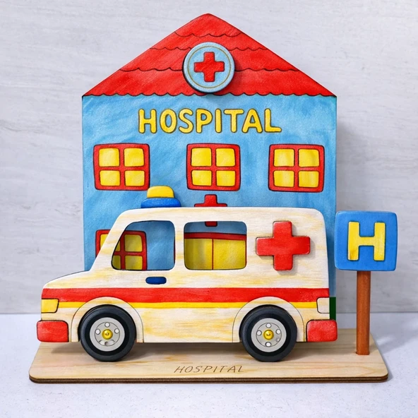 Kidewo Hastane ve Ambulans Ahşap Boyama Etkinlik Seti Eğitici Çocuk Aktivite Fırça Akrilik Boya Kreş Okul ürün görseli 1