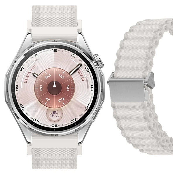 Sneezy Huawei Watch GT6 46mm İle Uyumlu AirFlow Dalgalı Naylon Spor Kordon Metal Tokalı  Bej ürün görseli 1