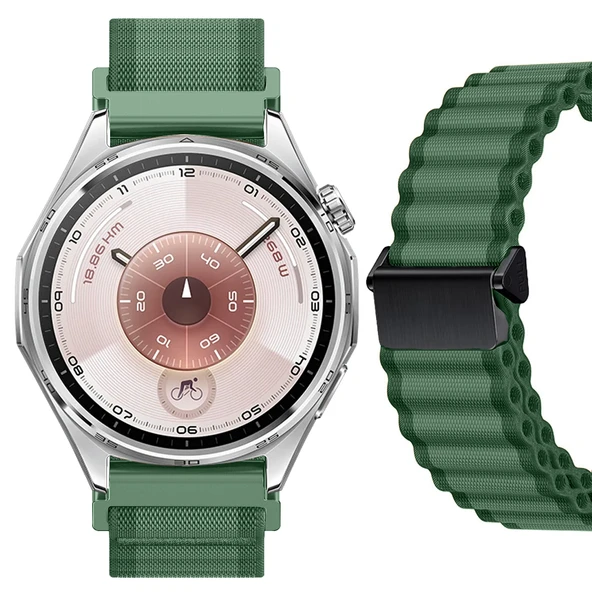 Sneezy Huawei Watch GT6 46mm İle Uyumlu AirFlow Dalgalı Naylon Spor Kordon Metal Tokalı  Haki ürün görseli 1